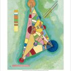 Illustration eines abstrakten geometrischen Designs mit Dreiecken, Kreisen und bunten Formen auf grünem Hintergrund.