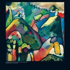 Kalenderblatt für Juli 2027 mit expressionistischem Gemälde von farbigen Hügeln und Häusern.