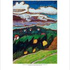 Eine farbenfrohe Landschaftsillustration von Gabriele Münter mit Hügeln, Häusern und dramatischen Wolken am Himmel.