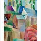 Kalendermonat Juli 2021, Zahlen in Grün. Expressionistische Illustration mit Gebäuden und Bäumen in Blau- und Grüntönen.