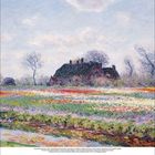 Zahl "7", darunter ein Kalender. Impressionistisches Gemälde: Haus mit Strohdach vor blühendem Feld und Bäumen, blauer Himmel.