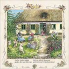 Juli. Nur bei starker Juliglut geraten Birn’ und Apfel gut. Hört der Juli mit Regen auf, geht leicht ein Teil der Ernte drauf. Illustration eines ländlichen Hauses mit Garten.