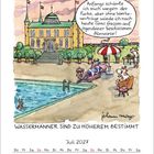 Kalenderblatt mit dem Text: "WASSERMÄNNER SIND ZU HÖHEREM BESTIMMT". Illustration: Kühe am Pool vor einem Schloss.