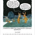 Ein Zeichentrick zeigt zwei Hasen: "Typisch! Jetzt ist es Mitte Juli..." "Ich kann sie doch nicht so verstecken..." Kalender: Juli 2027.