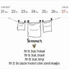 Juni 2027, KW 25, 21. bis 27.; Sommer: Mit 10: Yeah, Freibad! Mit 32: Wäsche trocknet draußen. Zeichnung: Wäscheleine.