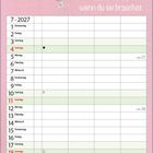 "Sie schenken dir Zuversicht, wenn du sie brauchst." Kalender für Juli 2027. Illustration mit drei Engeln und Herbstblättern.