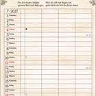 Kalenderblatt mit Juli 2027; Gedicht über Obstanbau. Oben Illustration eines Bauernhofs im Sommer mit Menschen bei der Arbeit.