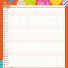 Kalenderseite für Juli 2027, mit farbigen Kreisen und Wochenübersicht von Samstag bis Sonntag, Notizenbereich unten.