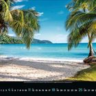 Kalenderblatt Juli, Sandstrand mit Palmen, türkisfarbenes Meer, blauer Himmel, Hängematte zwischen Palmen.