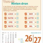 "Vorn ab, Hinten dran." Wörter umwandeln, indem Anfangsbuchstaben gestrichen und Endbuchstaben angehängt werden. Kalender: 26 | 27 Juni, Samstag, Sonntag.