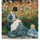 Eine Illustration zeigt eine Frau, die im Garten näht, während ein Kind daneben sitzt. Bunte Blumen im Hintergrund.