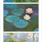 Claude Monet, Kalender für Juli 2021, Seerosen. Drei impressionistische Darstellungen von Wasser und Seerosen.