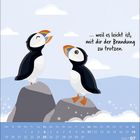 Text: "... weil es leicht ist, mit dir der Brandung zu trotzen." 
Zwei Papageientaucher auf Felsen, unten Kalender Juli 2027.