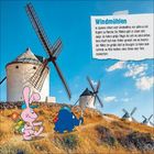 Text über Windmühlen in Spanien. Illustration mit einem rosa Hasen und blauen Elefanten vor drei Windmühlen.