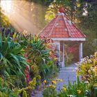 Kein Text erkennbar. Ein kleiner Pavillon mit rotem Ziegeldach steht inmitten eines blühenden Gartens, angestrahlt von Sonnenstrahlen.