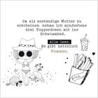 „Um als anständige Mutter zu erscheinen, nehme ich mindestens drei Tupperdosen mit ins Schwimmbad. Alle leer. Es gibt natürlich Pommes.“ Illustration: Frau im Badeanzug, Pommes, Getränke.