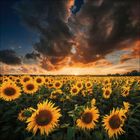 Ein weites Sonnenblumenfeld unter einem dramatischen Himmel, beleuchtet von einem tiefen, orangefarbenen Sonnenuntergang.