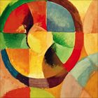 Abstraktes Gemälde mit bunten kreisförmigen Mustern in Rot, Blau, Grün, Gelb und Orange.