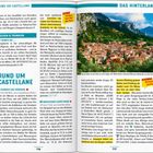 Texte: "Rund um Castellane", "Das Hinterland", "Stressfrei parken". Illustration von Moustiers-Sainte-Marie in bergiger Landschaft.