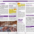 "Inhalt" in großen roten und grünen Buchstaben. Bunte Karte darunter. Texte listen Reiseziele und Tipps. QR-Code auf der rechten Seite.