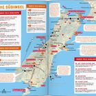 "Die Südinsel" steht oben. Es folgen Highlights wie "Tasman Glacier Lake Cruise" und Orte wie Queenstown und Christchurch. Eine Karte zeigt Details.