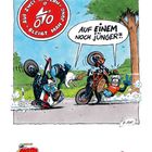 Illustration zweier Motorradfahrer im Sturz. Schilder: "Auf zwei Rädern bleibt man jung" und "Auf einem noch jünger!"