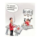 Sprechblase: "Aus- und wieder einschalten habe ich schon probiert." Mann an Kontrollpult, Leute fallen von Plattform.