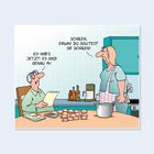 Zwei Personen in einer humorvollen Zeichnung. Eine zählt Eier, die andere fordert zum Schälen auf.