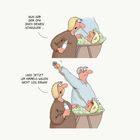 Zwei Panels: Eine Frau sagt "Nun gib dem Opa doch deinen Schnuller ...", dann "Lass jetzt um Himmels willen nicht los, Erwin!" Ein komischer Konflikt zwischen einer älteren Person im Bett und einer stehenden Person.