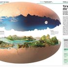 Seitenzahlen 196-197 oben. Titel: "Ta'aroa erschafft die Welt". Illustration eines kosmischen Eis mit Landschaften und Himmel.