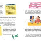 Linke Seite: Zitate über Fehler und Scheitern von Nikki Giovanni und Oprah Winfrey. 

Rechte Seite: Titel "GERÜCHTE, GEHEIMNISSE UND KLATSCH". Darunter Illustration von drei lachenden Mädchen, die Eis essen.
