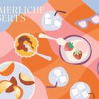 Text: "SOMMERLICHE DESSERTS". Bunte Illustration mit Eis, Beeren, Getränken und einer Sonnenbrille auf einem Tuch.
