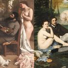 Links ein Künstler beim Malen mit einer stehenden Frau. Rechts ein Picknick mit zwei Männern, einer Frau und Essen.