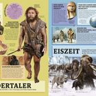 **Neandertaler:** Menschart, die von 400.000 bis 40.000 v. Chr. in Europa und Teilen Asiens lebte; **Eiszeit:** Lange Kälteperiode; Illustration zeigt Neandertaler und Eiszeittiere.