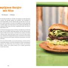 Rezept: Champignon-Burger mit Miso. Zutaten und Schritte beschrieben. Rechts ein Burger auf einem Teller mit grüner Limettenspalte.