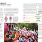 Geschlecht und Gender. Gene und Geschlecht. Y- und X-Chromosomen. Teilnehmer mit Regenbogenflaggen bei einer Parade.