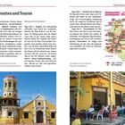 Texte: "Reiserouten und Touren", "Höhepunkte Kolumbiens", "Die Iglesia Santa Bárbara...", "Eckkneipe in der Zona Bananera". Karte zeigt Reiseroute Kolumbiens. Darunter: gelbe Kirche, Leute in einer Bar.