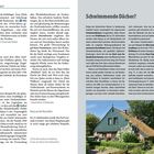 Links: "Das Inseldorf", "Insel-Info A-Z: Essen und Trinken". Rechts: "Schwimmende Dächer?" Darunter ein grünes Haus mit Strohdach.