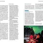 "Praktische Reisetipps", "Post", "Briefkästen", "Briefmarken", "Sprache", "Verhaltens­tipps", "Wetter und Reise­zeit", "Zwischen Mitternachtssonne und Polarnächten", "Kiiruna", "Nordische Winteridylle", "Polarlichter und Lagerfeuer". Es zeigt Menschen beim Lagerfeuer unter Polarlichtern.