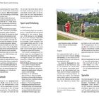 Text: 
- Sicherheit, Sport und Erholung
- Sport und Erholung
- Joggen: Viele Jogger genießen das Stadtpanorama.
- Schwimmen mit Badanstalt-Adresse.

Illustration: Zwei Menschen joggen auf einem Pfad mit Stadtansicht im Hintergrund.