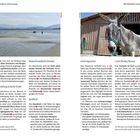 Doppelseite eines Reiseführers: Texte über kinderfreundliche Strände, Corfu Aquarium und Corfu Donkey Rescue. Links Strandbild, rechts Esel.