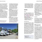 Hinweis auf die Kap-Arkona-Bahn. Rechts Notfälle: Polizei, Fundbüro, Kartensperrung. Bild zeigt einen blauen Zug auf Kopfsteinpflaster.