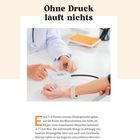 "Ohne Druck läuft nichts" steht oben. Darunter: Eine Blutdruckmessung am Arm bei einer Person in weißem Kittel.