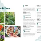"Essbare Blüten": Fünf Pflanzenbilder mit Nummern und Beschreibungen: Taglilie, Kapuzinerkresse, Schnittlauch, Gewürztagetes, Safran.