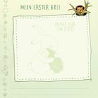 "MEIN ERSTER BREI", "PLATZ FÜR EIN FOTO". Illustration eines Hasen mit kleinem Tier, links Symbole wie Blumen und Sonne.