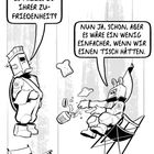 Zwei Roboter in Campingstühlen, einer fragt: "Ist alles zu Ihrer Zufriedenheit?", der andere wünscht sich einen Tisch.