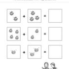 Rechnen mit Kürbissen. Wie viele sind es zusammen? Trage die Zahl ein. Illustration von Kürbissen und zwei Kindern.