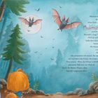 Text beschreibt ein nächtliches Gespräch über Fledermäuse. Illustration mit Bäumen und freundlichen Tieren im Wald.