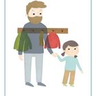 Illustration: Ein Mann mit Bart hält ein Kind an der Hand. Über ihnen hängt ein Kleiderständer mit Mänteln.