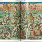 Illustration von Menschen in Federschmuck, die kochen und feiern. Einheimische Szene mit lebhaften Farben, Feuer und Gefäßen.